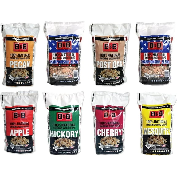 BBQ Wood Chips Variety Pack – 2 lb Bags – , Cherry, Hickory, Mesquite, Pecan, Championship Blend & Post Oak – All-Natural Hardwood for Grilling &