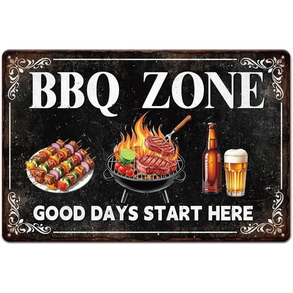 BBQ Zone Metal Tin Sign 12x8inch Barbecue Foods Tin Signage Decor Signs Steak Beers Drink Kitchen Wall Metal Plaque for Home Rooms Cafes Restaurant Shopstore Decoration