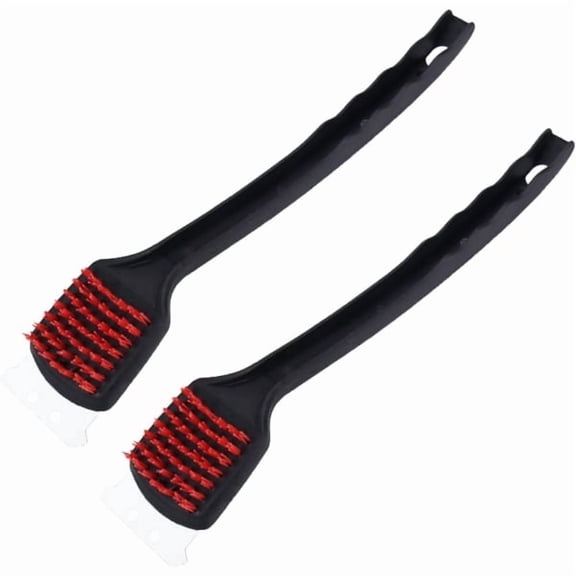 BBQ grill brush with long handle, safe nylon bristles and steel scraper - Non-slip handle - Steel brush for cleaning BBQ grills, porcelain