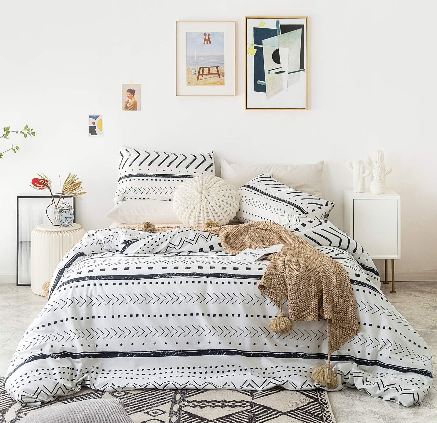 BBSET 3 Pcs Queen Boho Duvet Cover, Black Geometric Pattern Printed on White Bohemian Comforter Cover Bedding Set