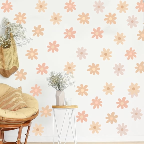 BBTO Daisy Wall Decal Flower Vinyl Wall Decals Daisy Stickers Floral Decals Peel and Stick for Nursery Art Bedroom Living Room(Simple Style,Warm Color)