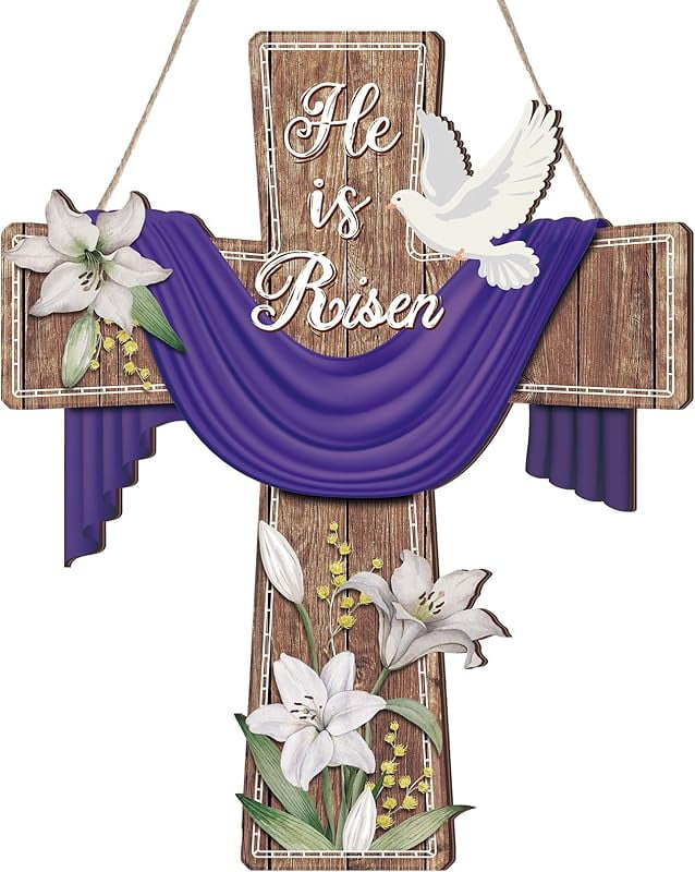 BBTO Easter Door Sign He Is Risen Hanging Decor Religious Cross Sign ...