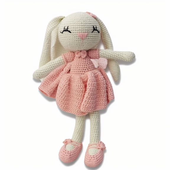 BBYP Knitted Stuffed Animal Lop Eared Rabbit Pink Dress Crochet Rattle Sleeping Toy 10.6 Inches