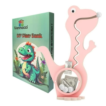 Heeneeso Pink Wooden Dinosaur Piggy Bank Boalord for Clear Big Belly Animal Coin Bank for Toddler Real Money Toy Boys Kids Girls