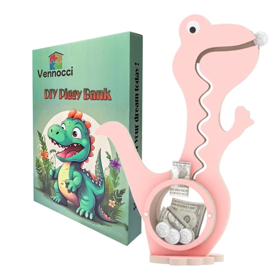 Heeneeso A3 Pink Wooden Dinosaur Piggy Bank Boalord for Clear Big Belly Animal Coin Bank for Toddler Real Money Toy Boys Kids Girls