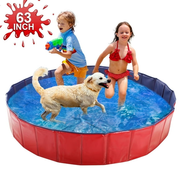 63x12" Foldable Dog Kiddie Pool Non-Slip Collapsible Dog Pool Hard PVC Doggie Swimming Pool for Indoor Outdoor Backyard Red