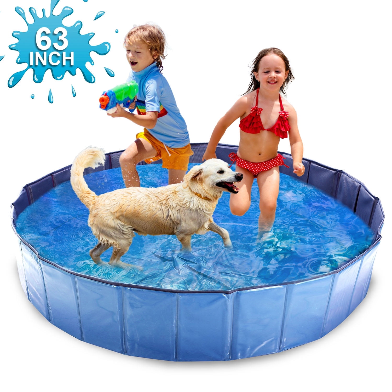 63x12" Foldable Dog Kiddie Pool Non-Slip Collapsible Dog Pool Hard PVC Doggie Swimming Pool for Indoor Outdoor Backyard Blue