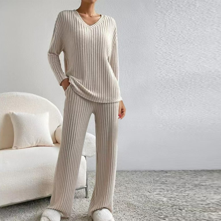 BBabaCats 2 Piece Lounge Sets for Women Comfy Sweater Set Warm Cozy Loungewear Rib Knit Tops and Wide Leg Pants Set Fall Winter Pjs Sets Walmart