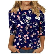 BBabaCats Casual Tops for Women 3/4 Sleeve Basic T Shirts Round Neck Floral Shirts Comfy Trendy Tshirts Soft Cute Blouses