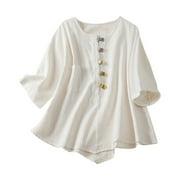 BBabaCats Linen Tops for Women 2024 Dressy Casual Blouses 3/4 Sleeve Button Down Shirts Loose Summer Tunic Tops Comfy Tshirts for Vacation