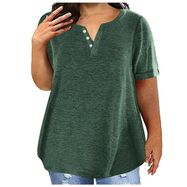 BBabaCats Women's Plus Size Tshirts Short Sleeve Summer Tops V Neck Workout Shirts Solid Tunic Tops Hide Belly Basic Tees