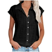 BBabaCats Women's Work Blouses Cap Sleeve Business Casual Tops Eyelet Button Down Shirts Loose Fit Dressy Tshirts