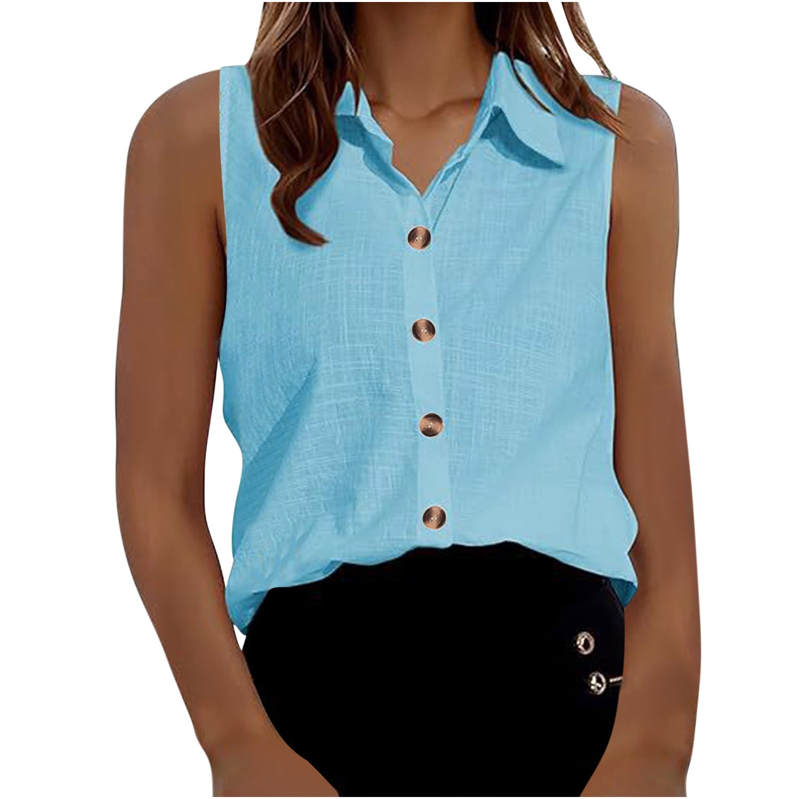 BBabaCats Work Blouses for Women Sleeveless Button Down Shirts Cotton Collared Business Casual
