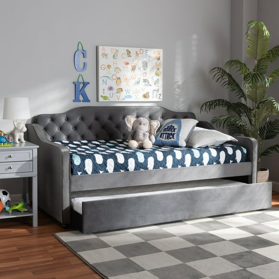 BBaxton Studio Freda Transitional and Contemporary Gray Velvet Upholstered and Button Tufted Twin Size Daybed with Trundle