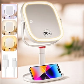 BBeauty Planet Makeup Mirror with Lights, 1X/20X Magnifying Mirror, 3 Colors Lights, Height Adjustable Lighted Makeup Mirror, Double Sided 360°Rotation, Memory Function (White)