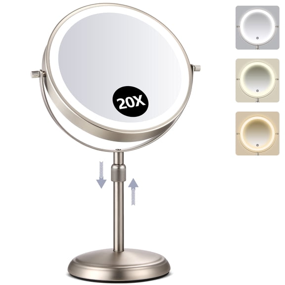 BBeauty Planet Makeup Mirror with Lights, 4000mAh Rechargeable Height Adjustable Vanity Mirror, 1X/20X Magnification 360° Rotation, 3 Color LED, 9"Large Size