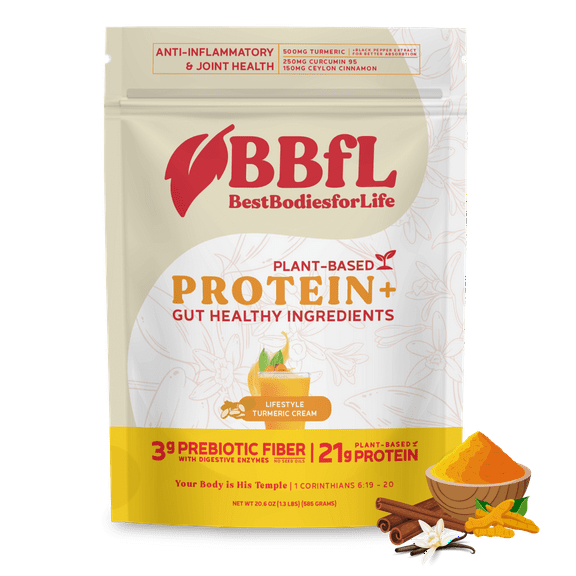 BBfL Protein Functional Powder, 21g Protein, 100% Vegan Plant Based, Apple Cider Vinegar, Prebiotics, 50mg Digestive Enzymes, 750mg of Turmeric/Curcumin 95% Extract (15 Servings, Turmeric)