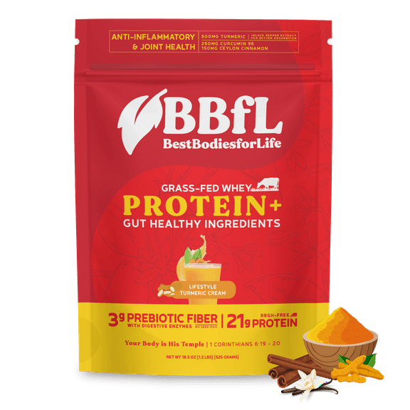 BBfL Protein Functional Powder, 21g Protein, Grass-fed Whey Protein, Apple Cider Vinegar, 50mg Digestive Enzymes, Prebiotics, 750mg of Turmeric/Curcumin 95% Extract (15 Servings, Turmeric)
