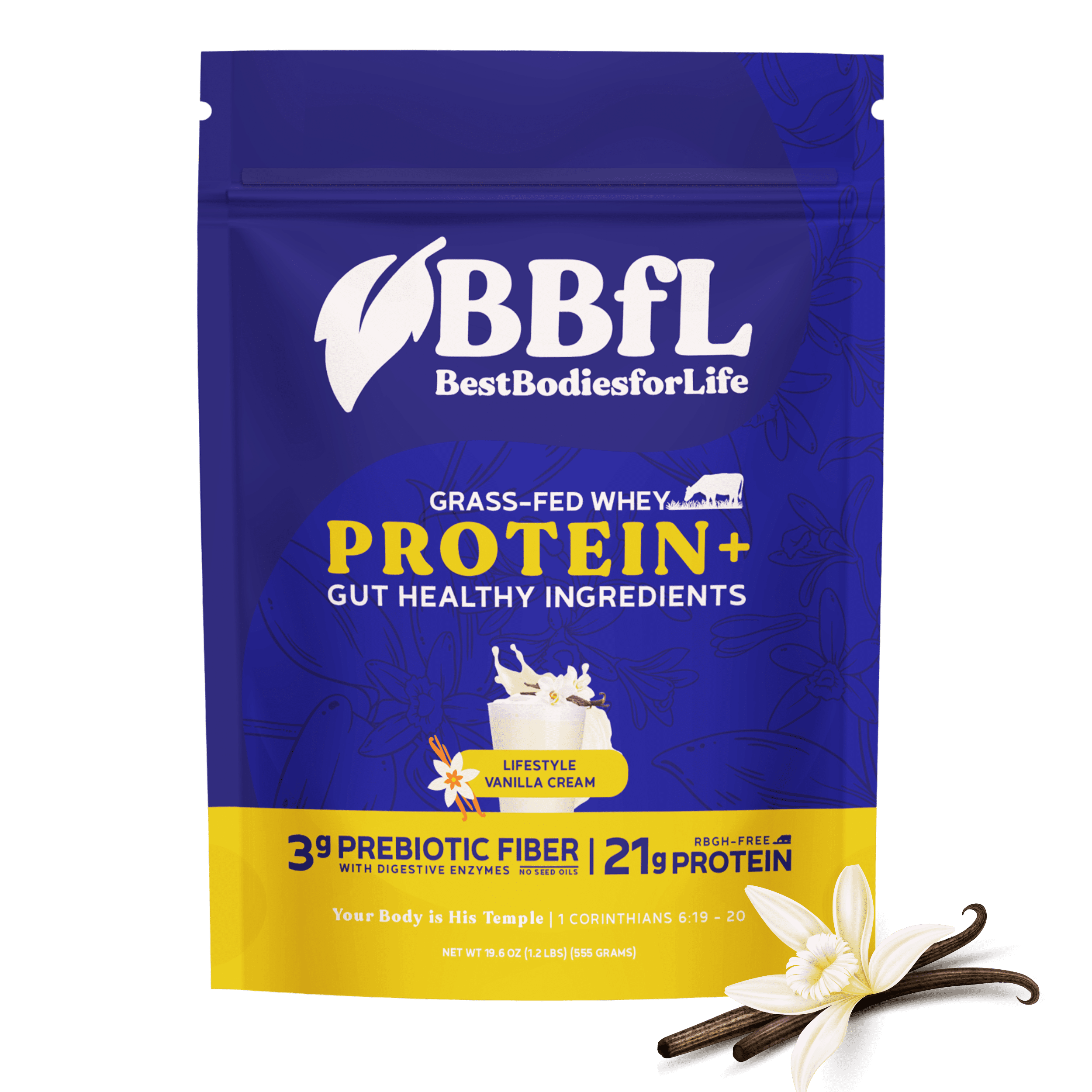 BBfL Vanilla Cream, 21g Protein, Grass-fed Whey Protein, Apple Cider Vinegar, 50mg Digestive Enzymes, No Seed Oils, No Gums, All in One Shake (15 Servings, Vanilla)