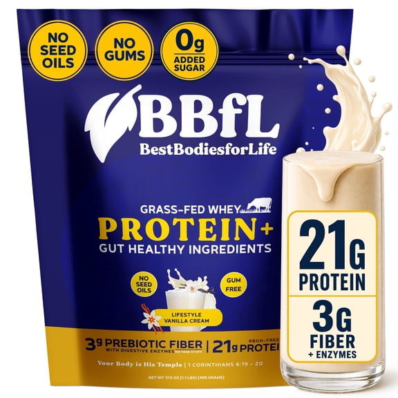 BBfL Vanilla Cream, 21g Protein, Grass-fed Whey Protein, Apple Cider Vinegar, 50mg Digestive Enzymes, No Seed Oils, No Gums, All in One Shake (15 Servings, Vanilla)
