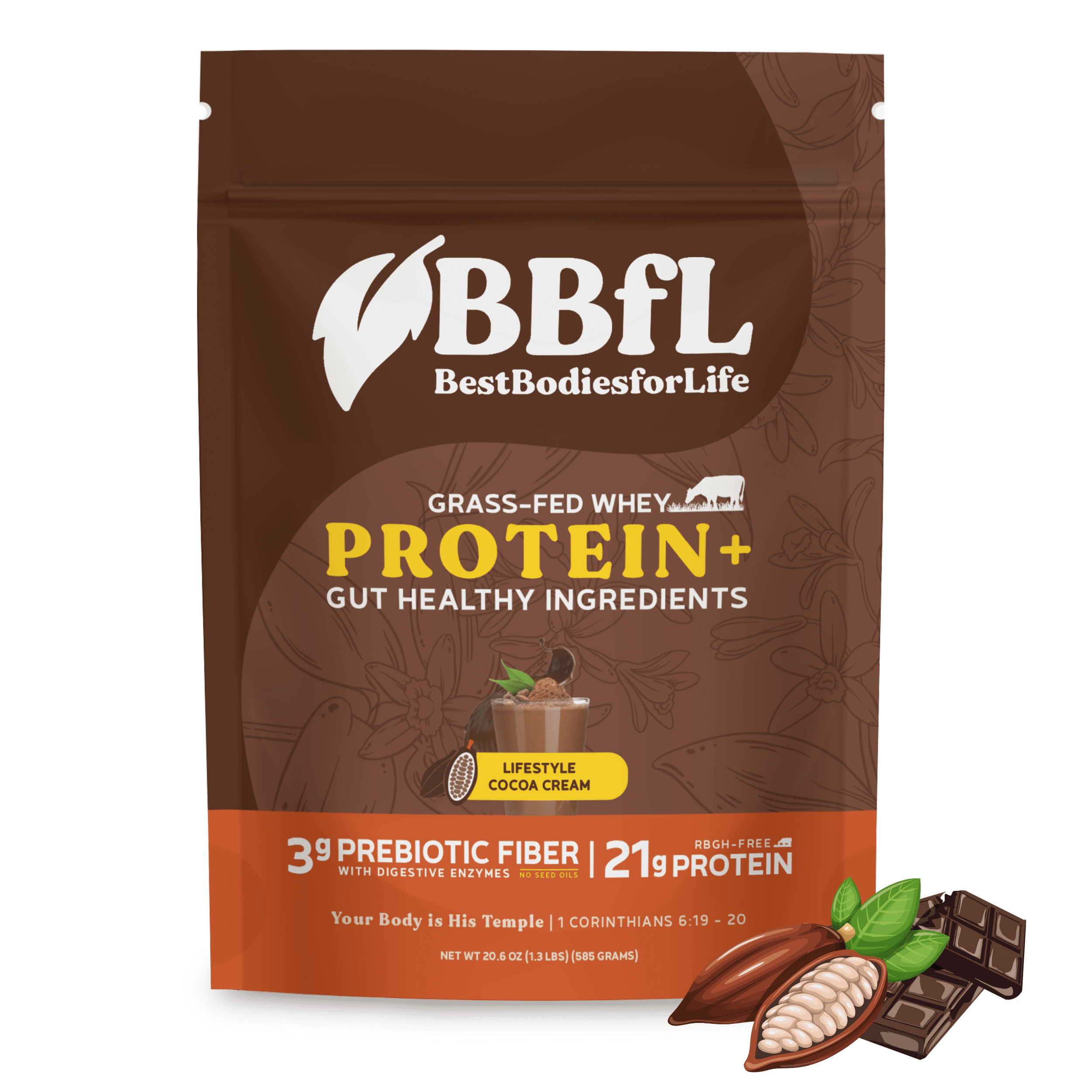 BBfL Protein Meal Replacement Powder, 21g Protein, Organic Whey Protein, Apple Cider Vinegar, 50mg Digestive Enzymes, Prebiotics, All in One Shake (15 Servings, Cocoa)