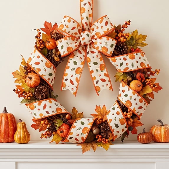 BBilaBu 15 Ft Fall Wired Ribbon, 2.48 Inch Wide Thanksgiving Craft Ribbon with Mini Pumpkin and Leaf Print, Wired Edges for Wreath Bows, Gift Wrapping, Garlands, Centerpieces and DIY Decor