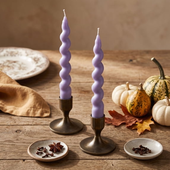 BBilaBu 2Pcs Twisted Taper Candles, Scented Spiral Wax Dinner Candles for Halloween Gothic Dining Table, Candelabra, Mantel, Fireplace, Party Centerpiece, Autumn and Seasonal Home Decor (Purple)