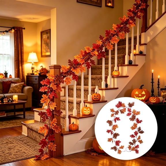 BBilaBu Artificial Fall Oak Leaf Garland, 6.56 ft Red Orange and Brown Autumn Foliage Vine for Mantel, Stair Railing, Front Door, Window, Table, Thanksgiving and Harvest Home Decor