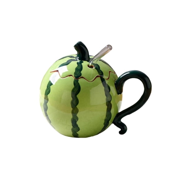 BBilaBu Ceramic Watermelon Mug With Lid And Straw,Creative Watermelon Shaped Cup,Funny Tea Cup,Gift For Adults