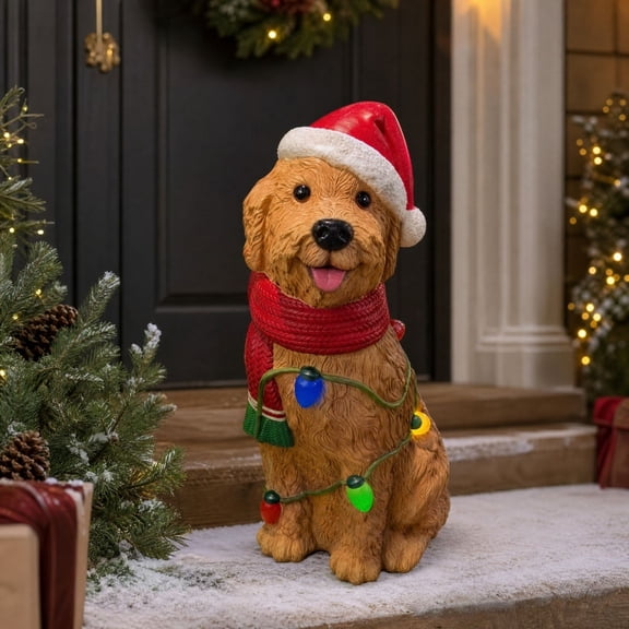 BBilaBu Christmas Dog Figurine with Lights, Resin Dog in Santa Hat and Scarf with Multicolor LED String for Porch, Entryway, Mantel, Shelf, Tabletop and Dog Lover Holiday Decor, 7.87 Inch