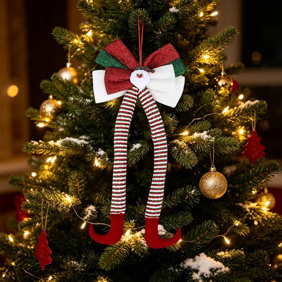 BBilaBu Christmas Long Tail Bow Hanging Ornament, Fabric Streamer Bow with Santa and Elf Leg Design for Christmas Tree, Wreath, Mantel, Door, Wall and Holiday Home Decor, 31.5 Inch