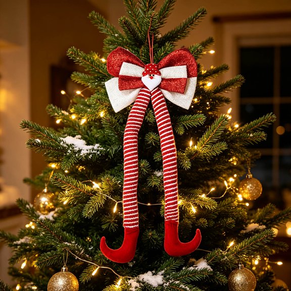 BBilaBu Christmas Long Tail Bow Hanging Ornament, Fabric Streamer Bow with Santa and Elf Leg Design for Christmas Tree, Wreath, Mantel, Door, Wall and Holiday Home Decor, 31.5 Inch
