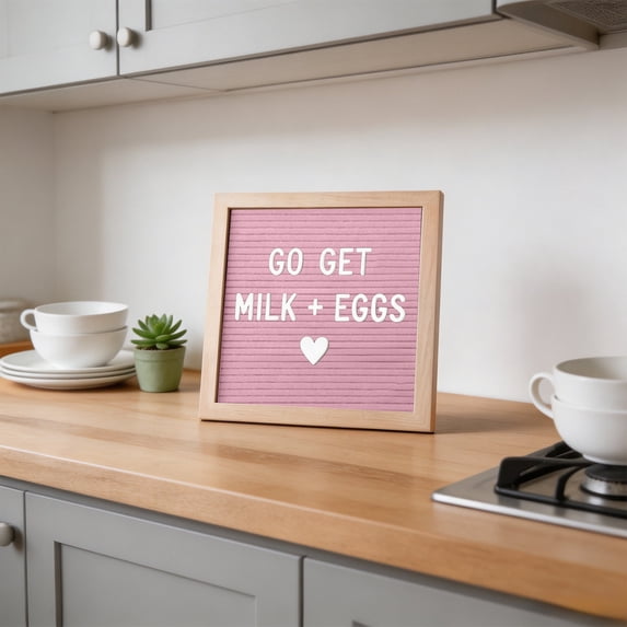 BBilaBu Felt Message Board with Wood Frame, 10" x 10" Changeable Letter Sign for Home, Office, Shelf, Party Table, Holiday Decor and Photo Booth Props, Office and Home Organization (Pink)