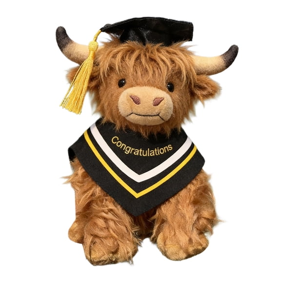 BBilaBu Graduation Highland Cow, Congratulations Plush Cow with Black Graduation Cap Stuffed Animal, Cute Grad Gift for Friends, Brown & Black, 11"