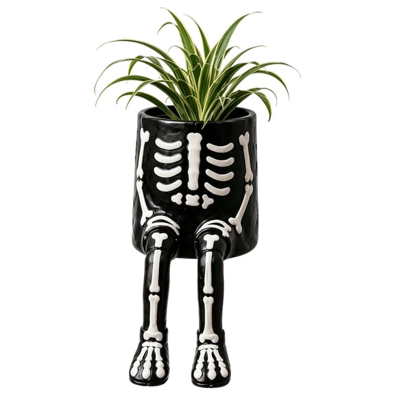 BBilaBu Halloween Skeleton Dangling Leg Planter, Resin Character Succulent Pot with Sitting Figure Design for Shelf, Window Sill, Desktop, Mantel and Seasonal Halloween Home Decoration