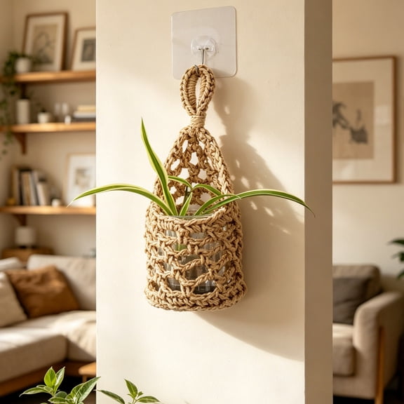 BBilaBu Handwoven Macrame Wall Hanging Planter with Storage Pocket – Natural Cotton Rope Basket for Succulents, Herbs, Keys, and Small Daily Essentials in Boho Decor (Yellow)