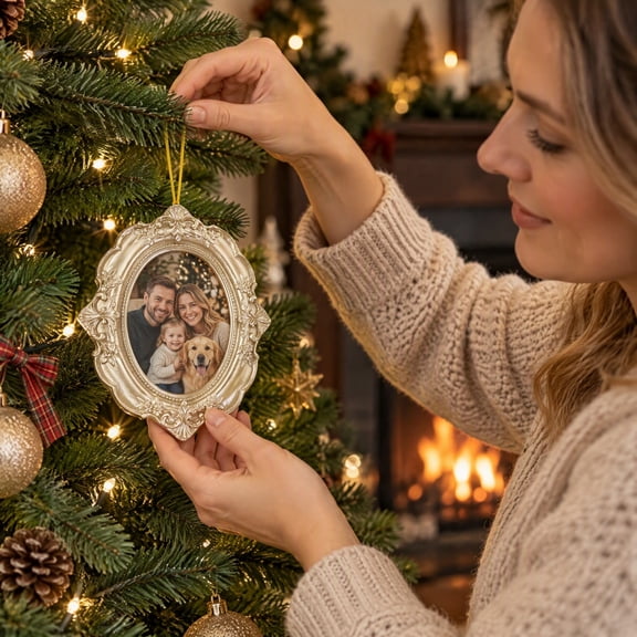 BBilaBu Silver Christmas Photo Frame Ornament, Oval Hanging Picture Frame Decoration with Decorative Border for Family or Pet Photos, Christmas Tree, Keepsake and Holiday Display
