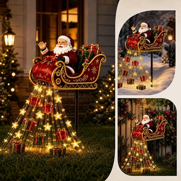 BBilaBu Solar Santa Sleigh Christmas Garden Stake Light, Lighted Santa and Reindeer Yard Decoration with LED Stars for Lawn, Pathway, Front Yard and Outdoor Holiday Display, 17.72 Inch