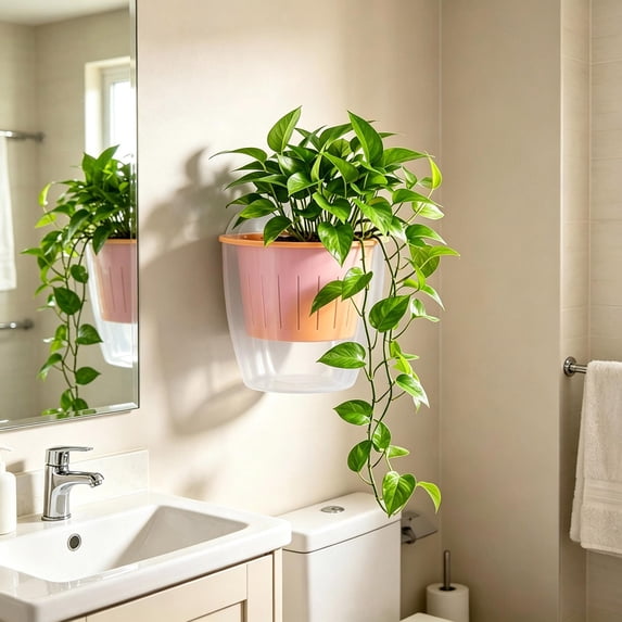 BBilaBu Wall-Mounted Transparent Self-Watering Hydroponic Planter – Semi-Circular Plastic Flower Pot with Drainage Holes for Hanging Green Plants and Herbs (Orange)