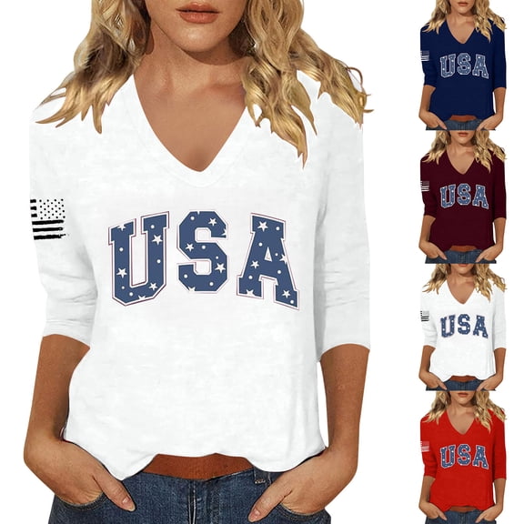 BByeadc 4th of July Shirts Women 3/4 Sleeve V Neck American Flag T-Shirts 4th of July Independence Day Summer Graphic Tee Tops,Navy(S)