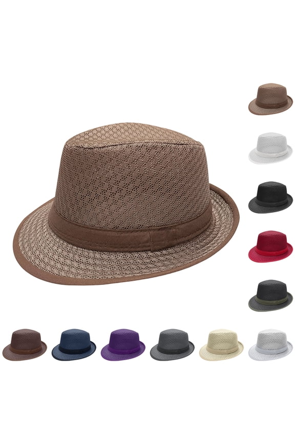 Sun Hat for Men WomenBreathable Open-Weave Pork Pie Fedora Sun Hat, Zero-Stuffiness UV Protection Short Brim Hat,Red(One Size)