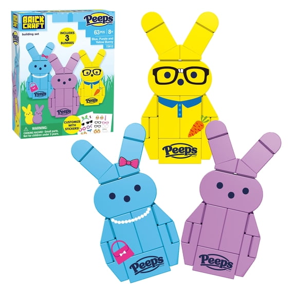 Brickcraft PEEPS Blue, Purple and Yellow Bunny Building Kit (63-Piece Set), Easter Candy Brick Toy, 3 Buildable Bunnies, Customizable Stickers, Spring Gift, Easter Basket Stuffer, Collectible Display