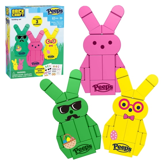 Brickcraft PEEPS Green, Pink and Yellow Bunny Building Kit (63-Piece Set), Easter Candy Brick Toy, 3 Buildable Bunnies, Customizable Stickers, Spring Gift, Easter Basket Stuffer, Collectible Display