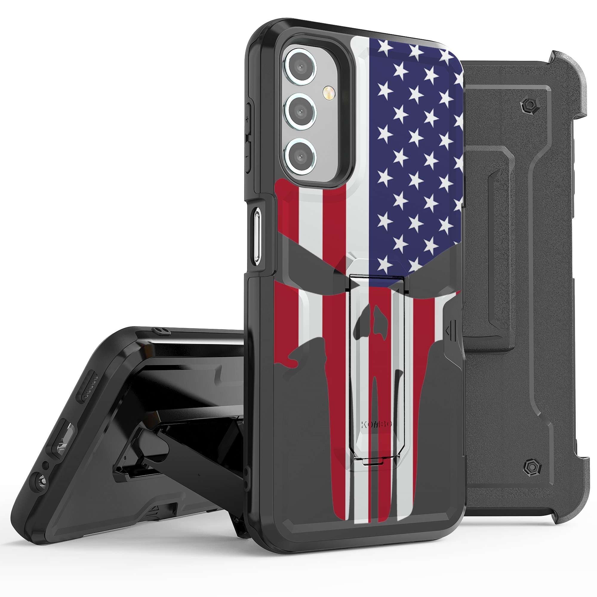 BC Armor Case for Galaxy A14 5G Heavy Duty Construction Rugged Protector with Built in Kickstand and Removable Belt Holster Clip USA Skull Flag