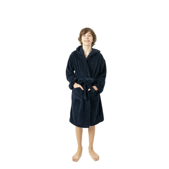 BC BARE COTTON Kids Microfiber Fleece Hooded Robe - Boys - Navy Blue - Large