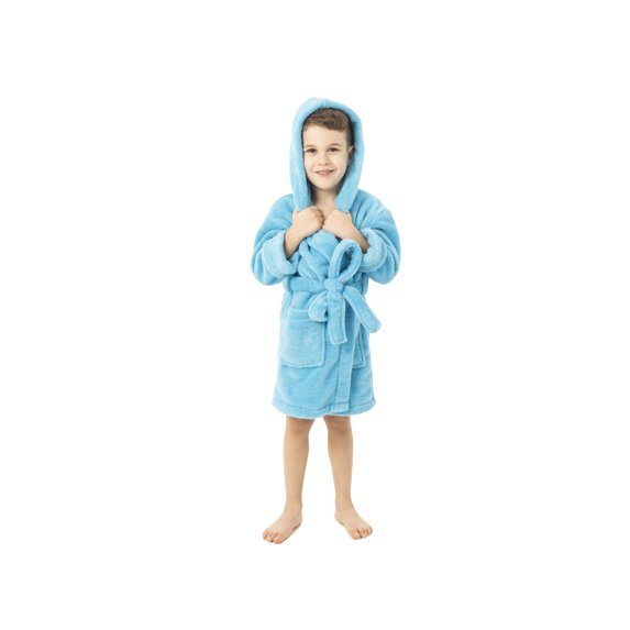BC BARE COTTON Kids Microfiber Fleece Hooded Robe - Boys - Turquoise - Small
