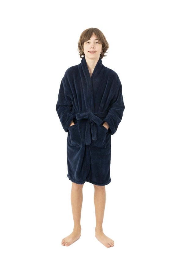 BC BARE COTTON Kids Microfiber Fleece Hooded Robe - Girls - Navy Blue - Xlarge