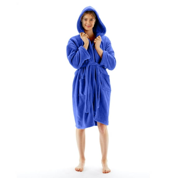 BC BARE COTTON Kids Microfiber Fleece Hooded Robe - Girls - Royal Blue - Large