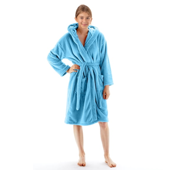 BC BARE COTTON Kids Microfiber Fleece Hooded Robe - Girls - Turquoise - Xlarge