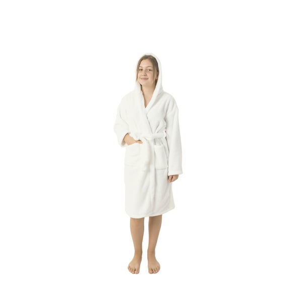 BC BARE COTTON Kids Microfiber Fleece Hooded Robe - Girls - White - Large